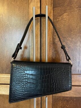 Black Croc-Embossed Asymmetrical Bag